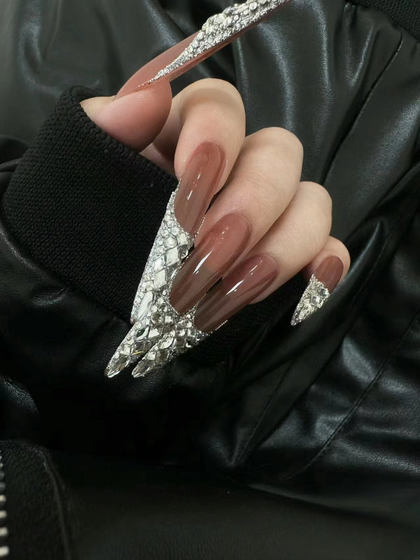Match Nails pink silver french tip with diamonds nails