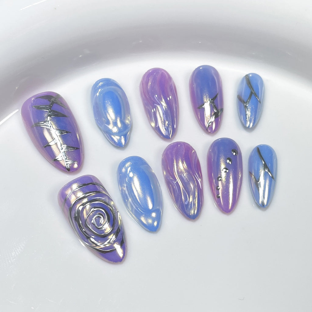 Match nails almond blue handmade custom false nails