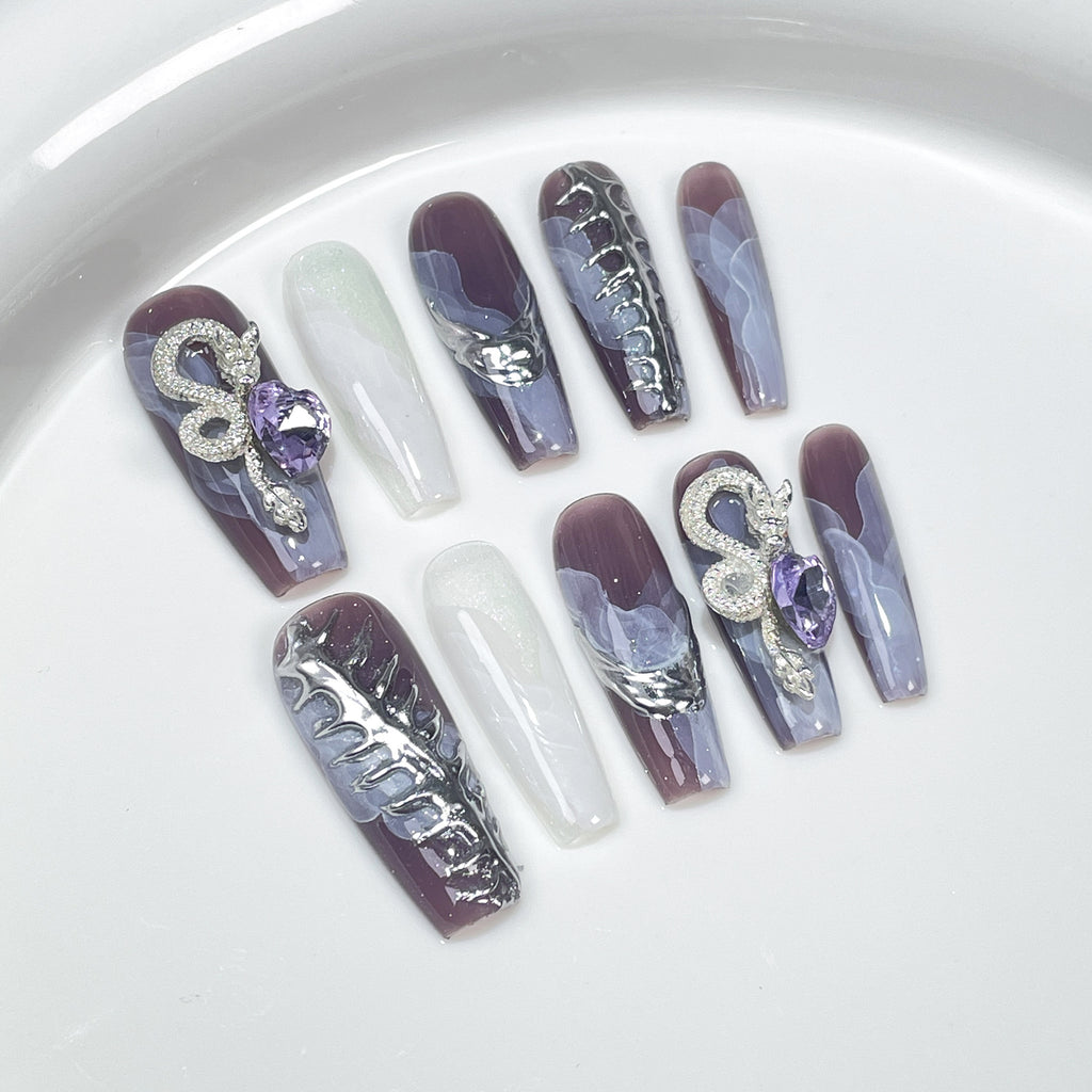 Match Nails long coffin valentine handmade purple holiday false nails