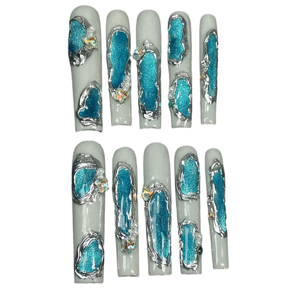 Match nails long coffin valentine custom handmade press on nailsMatch nails extra long gray and blue cat eye handmade nails