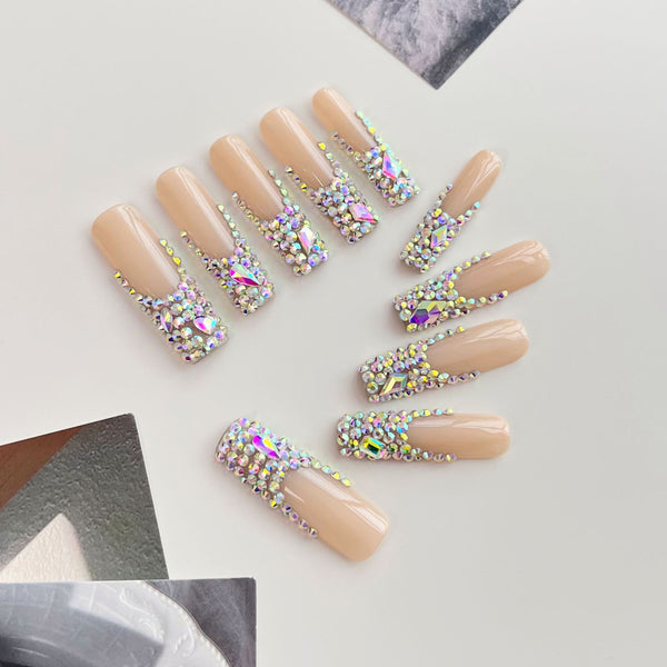 Match Nails long coffin nude glossy diamonds french tip press on nails