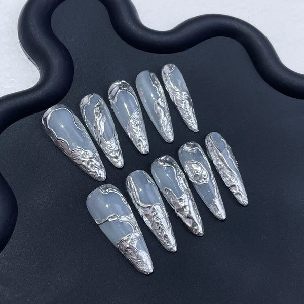 match nails silver long stiletto handmade custom false nails