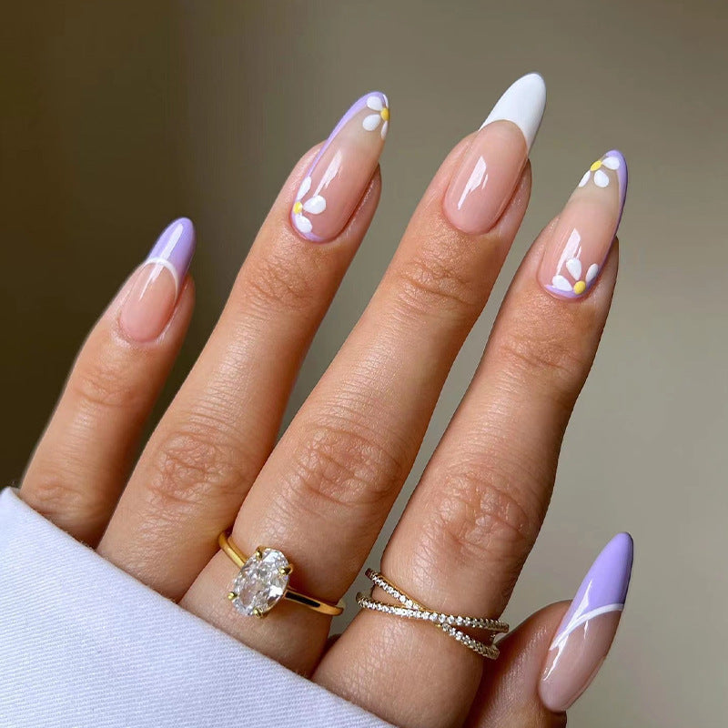 Match Nails long almond purple and white flower nails press on