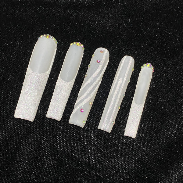 Match Nails long white swirl nails square glitter press on nails