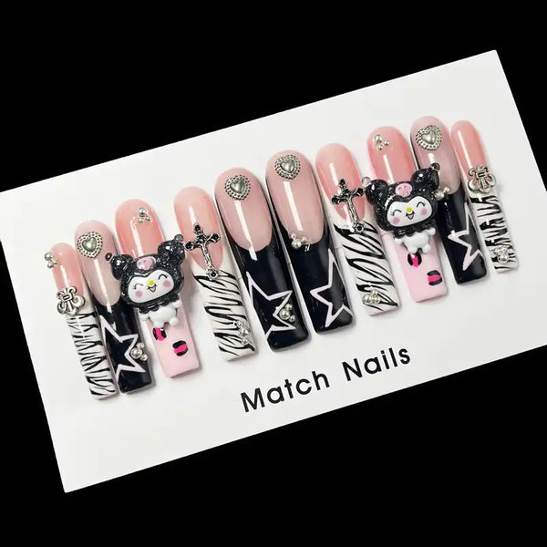 Match nails French pink and black cartoon y2k nails on a card