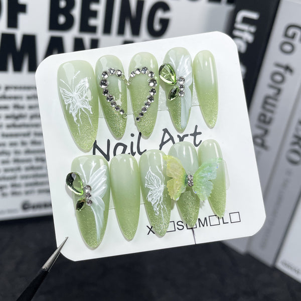 Match nails almond green butterfly ombre spring handmade press on nails