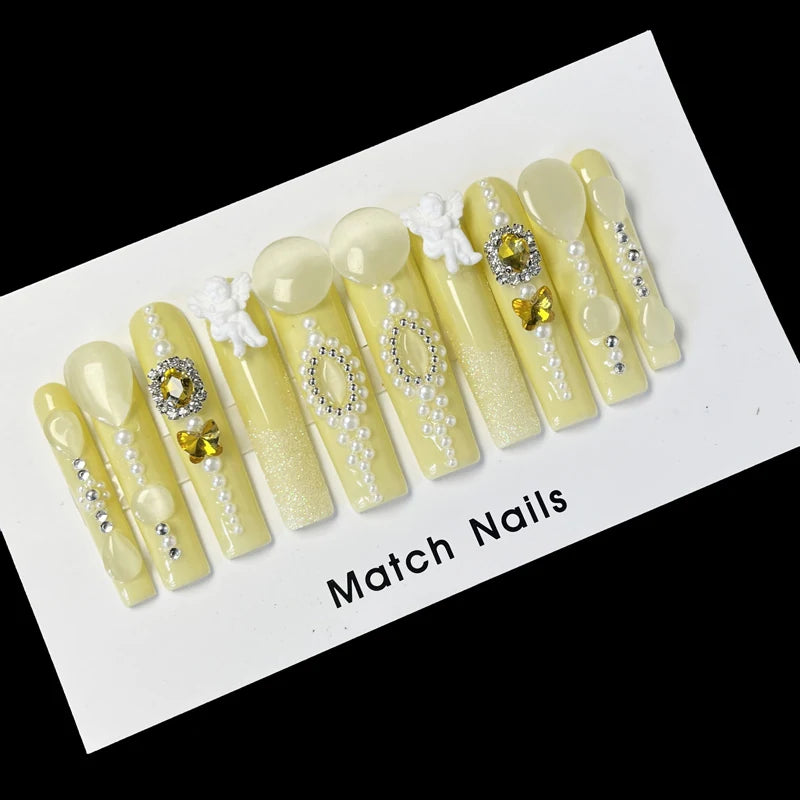 Match nails long yellow y2k press on nails on the card