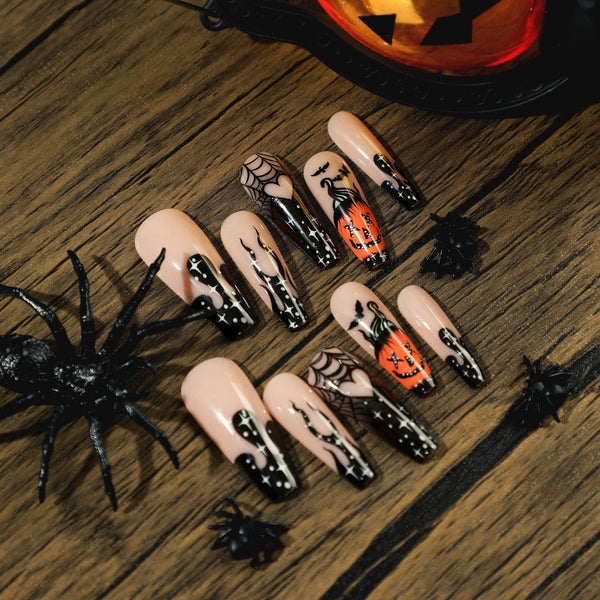 Glamorous pumpkin spice long coffin Halloween nails from Match Nails