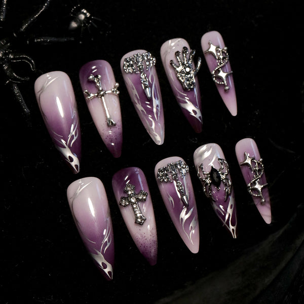 Glamorous scary cool Halloween nails with cross and ombre purple by Match Nails