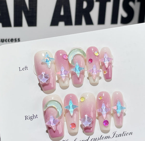 Match nails pink ombre rainbow pride handmade y2k press on nails