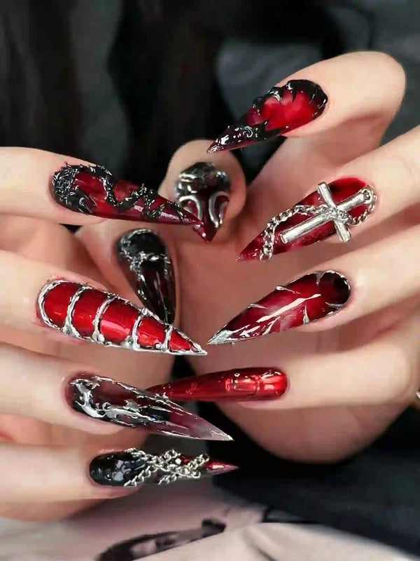 Match Nails glossy classy cross red and black christmas nails