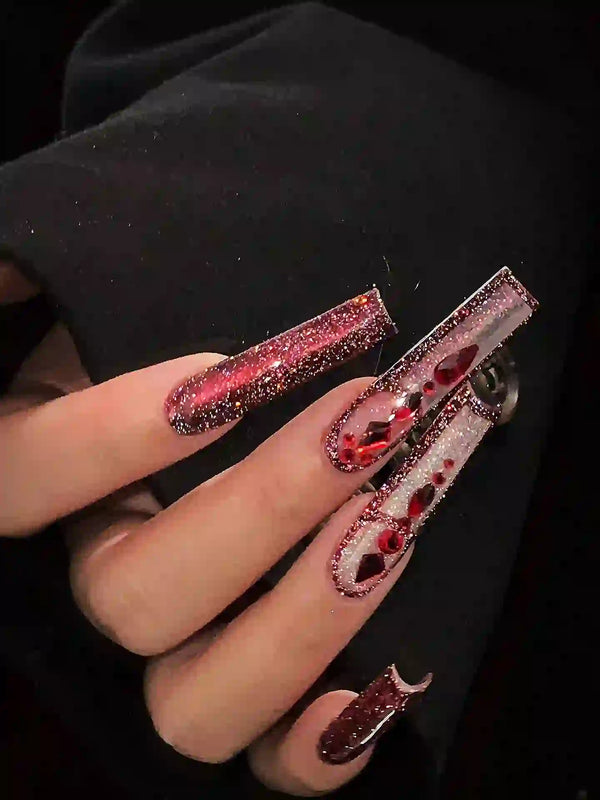 Match Nails red nails with iridescent glitter