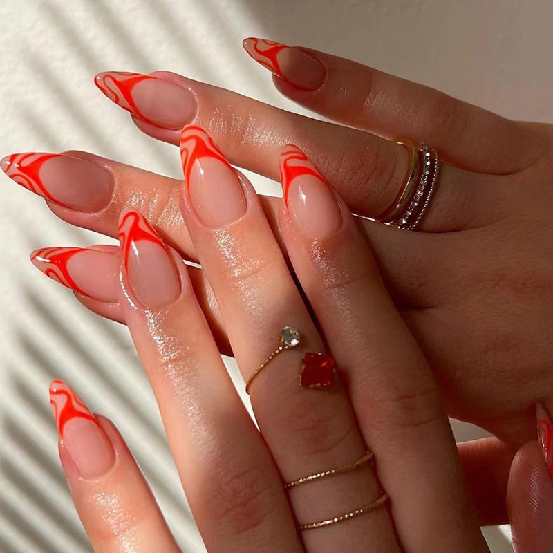 Match nails almond bright orange french style fake nails