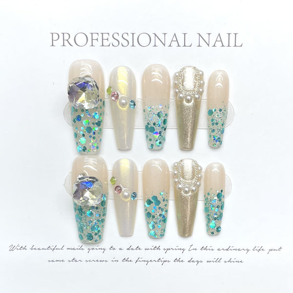 Match Nails diamond elegance: french coffin glitter nunde nails press on