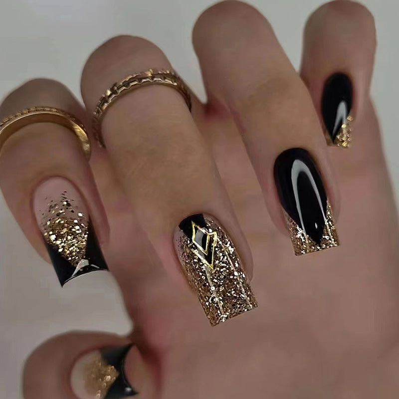 Match Nails Nightfall Noir: Effortless elegance with square glitter black fake nails.