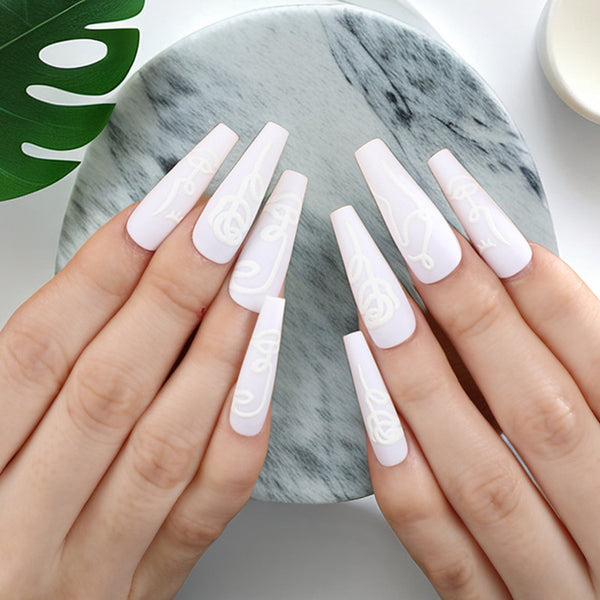 Achieve a flawless white manicure in minutes with Match Nails Classic Ballerina - long white press-on nails.