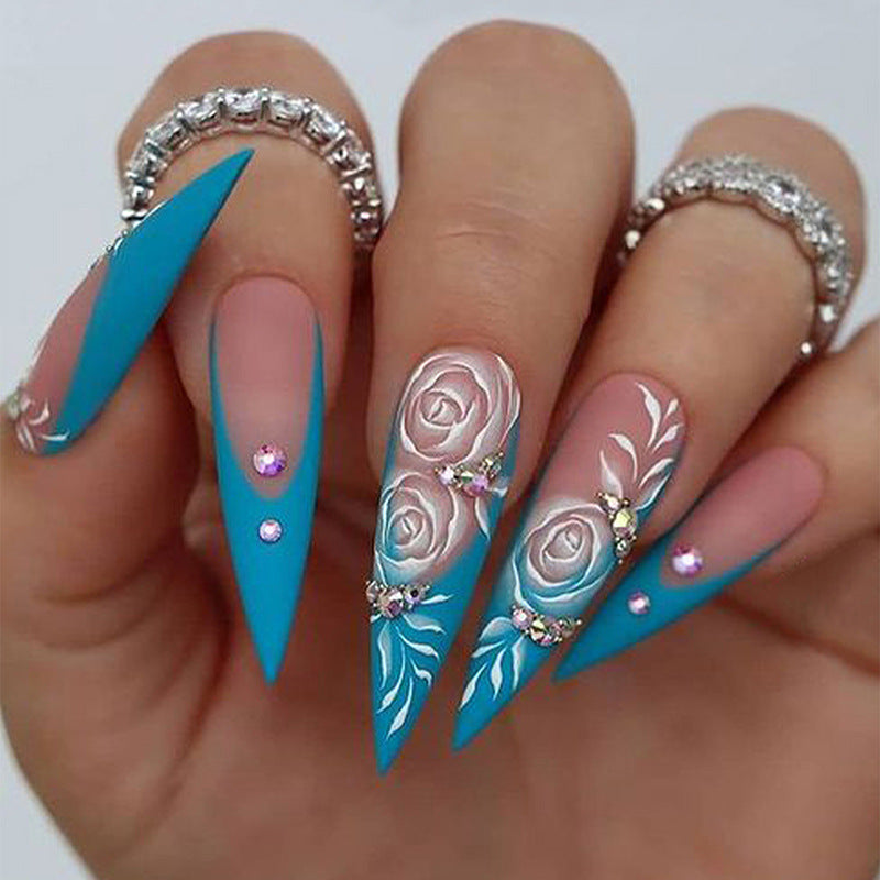 Blue Crystals Stiletto Long French Style Spring Fake Nails
