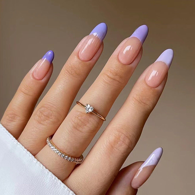 Match Nails: Purple edge French almond fake nails for a modern twist on the classic French manicure with a touch of sophistication.