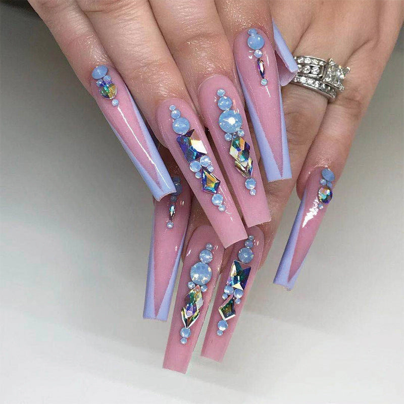 Match nails pink and blue long coffin classy nails with diamond in hands