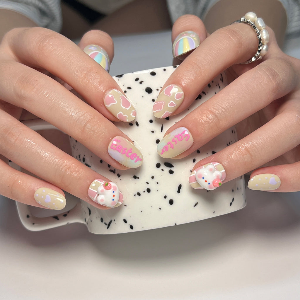 Match nails blooming bunnies: short & round pastel floral press-on nails