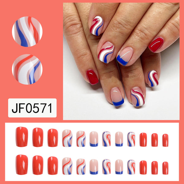 Show your patriotism in style! Match Nails Starstruck Swirl features short square Fourth of July false nails with a swirling design.