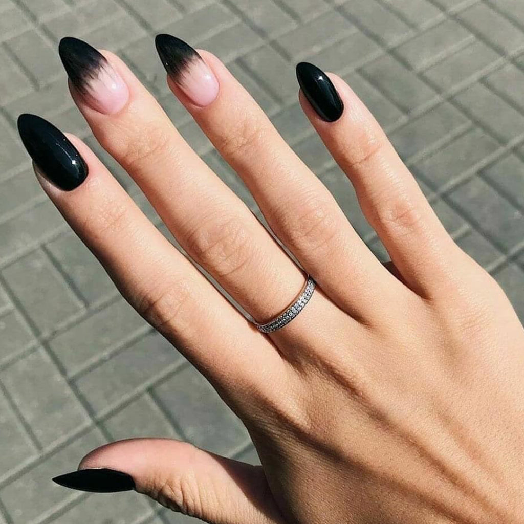 Match Nails glossy short black tip acrylic nails