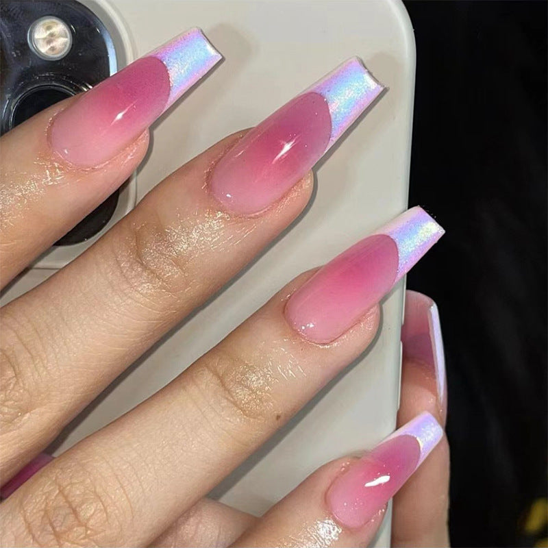 French Long Pink Glossy Coffin False Nails