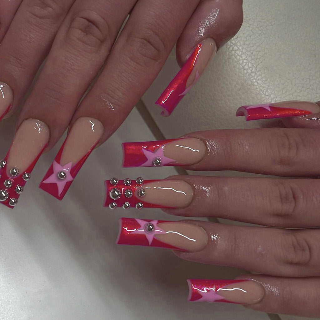 Match nails French tip glossy studded nails