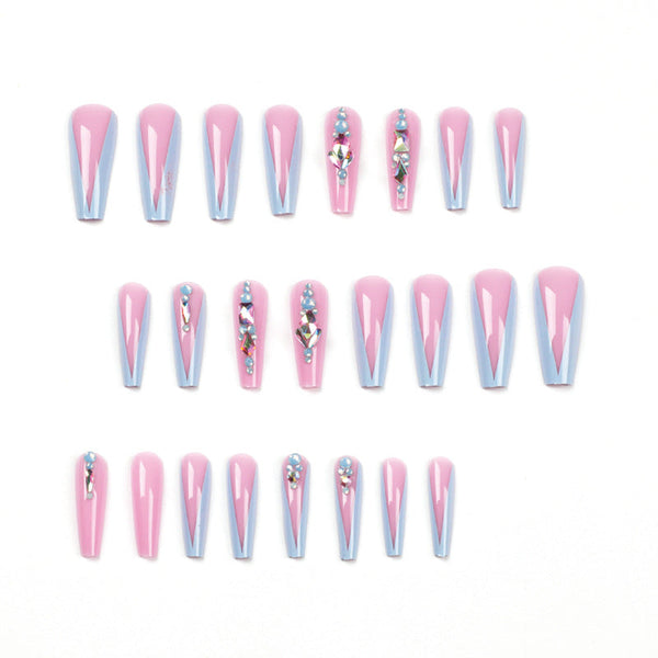 Match nails pink and blue long coffin classy nails with diamond 24pcs