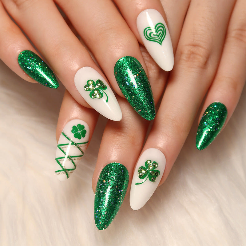 Match Nails Emerald Isle: Shimmering green almond press-on nails for a touch of St. Patrick's Day cheer.