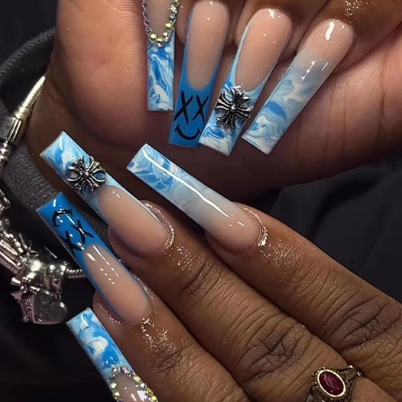 French Classy Cross Blue Coffin Press on Nails