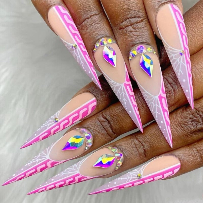 Match nails pink stiletto diamond nails press on