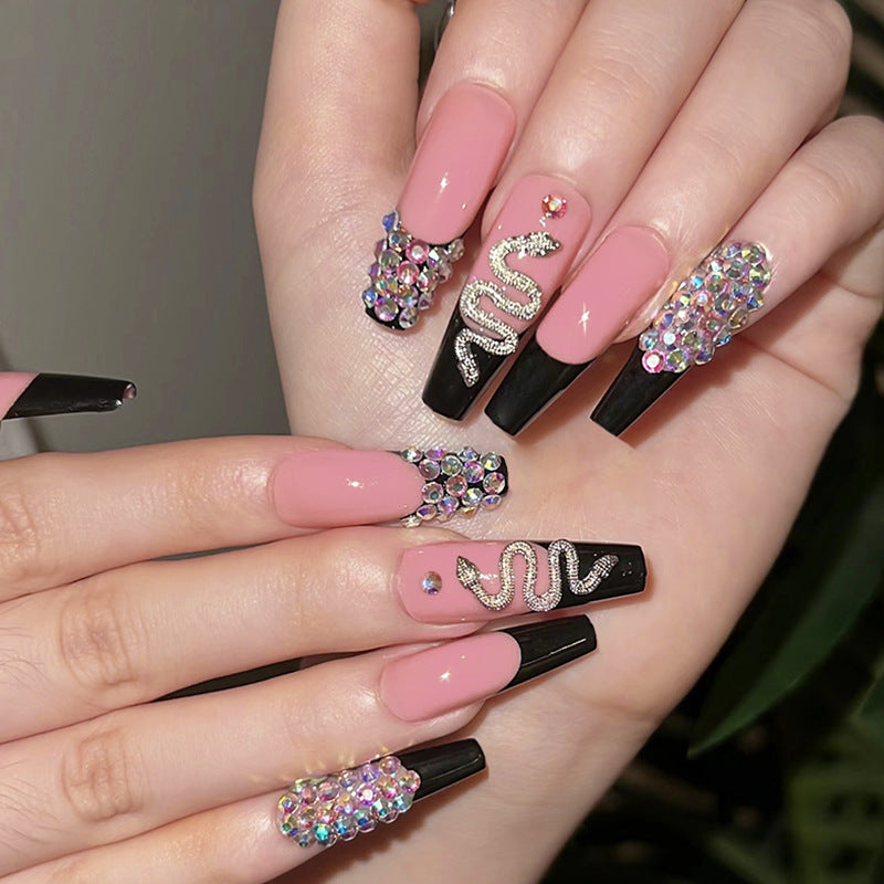 Match nails french pink and black glitter coffin nails