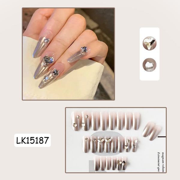 Match Nails glitter long gray almond nails with diamonds