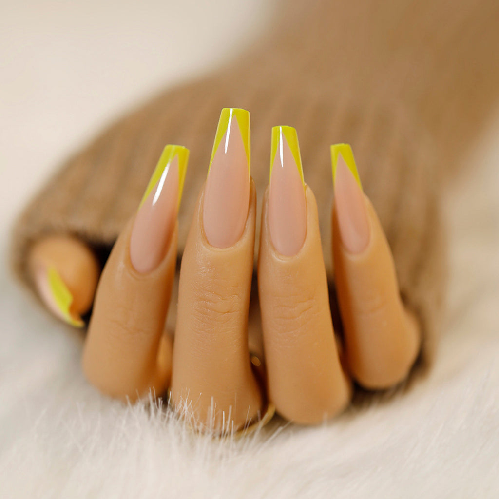 French Style Yellow Edge Long Coffin Glossy Fake Nails