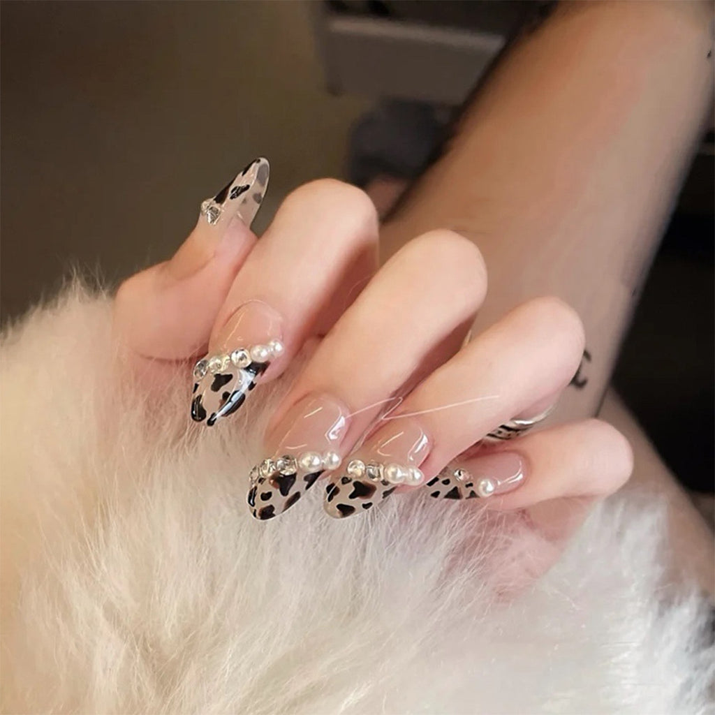 Match Nails Wildly Chic: Nude with leopard print tip almond press-on nails for the classy and trendy.