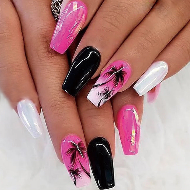 Match Nails glossy black and pink coffin nails