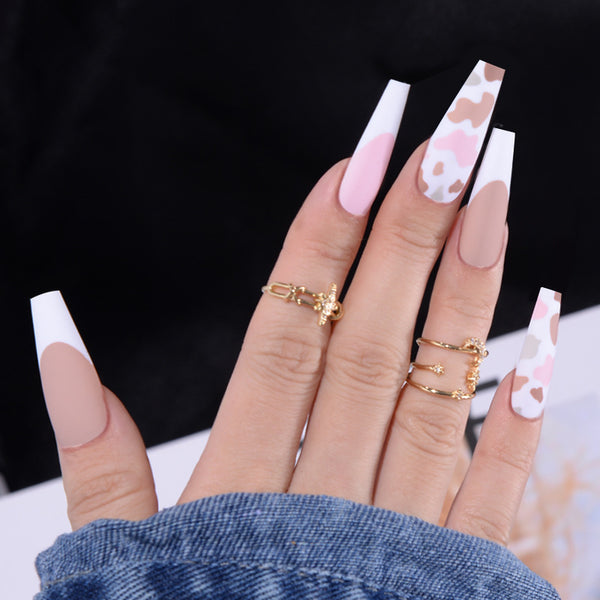 Frosted Small Cows Pattern Long Coffin Sweet Matte Press on Nails
