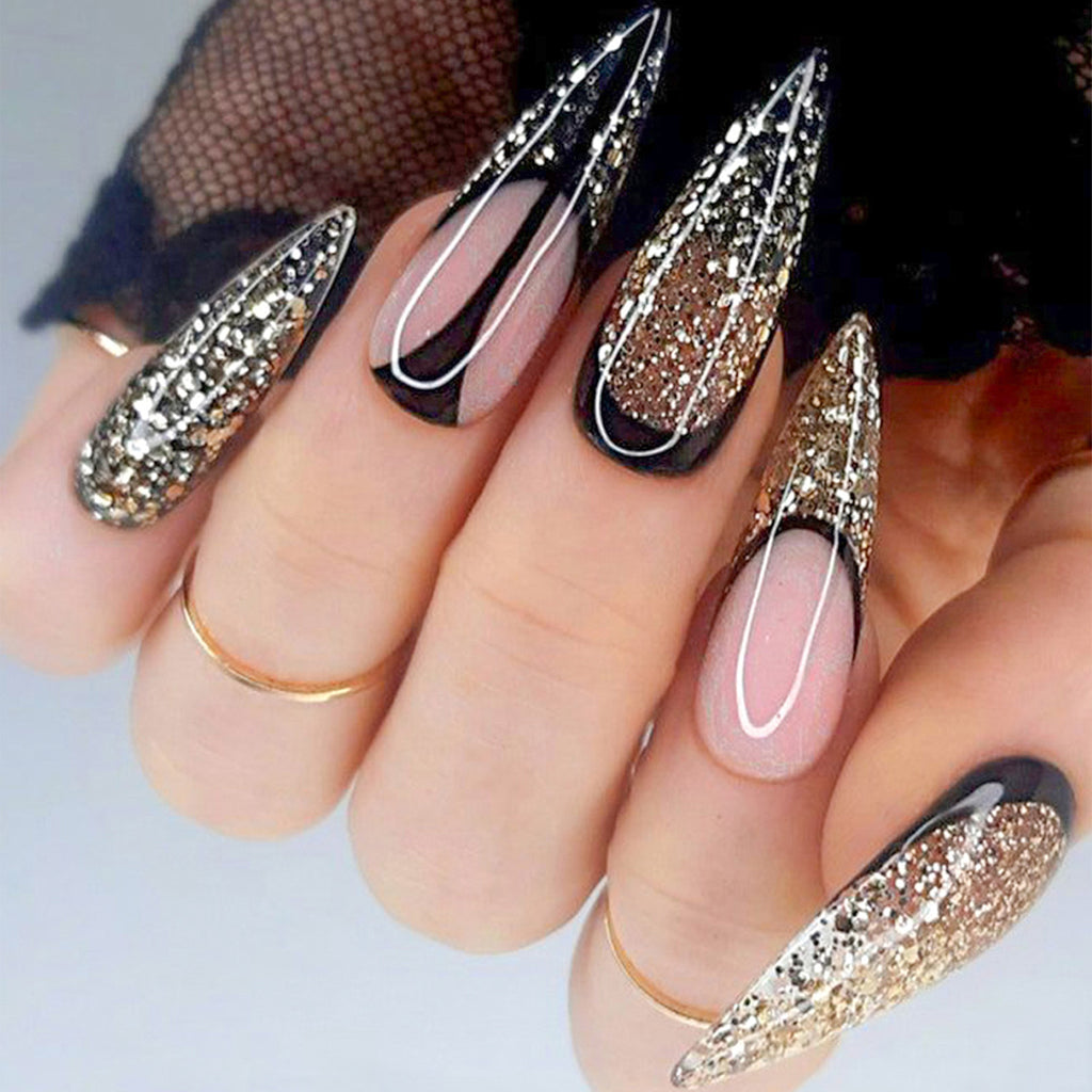 Match Nails Parisian Edge: Effortless elegance with a modern twist! Stiletto French black glitter press-on nails.